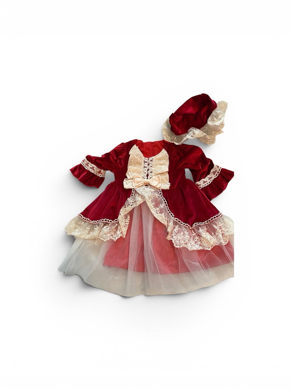 Girls' Red Velvet Lace Costume Dress with Matching Cap